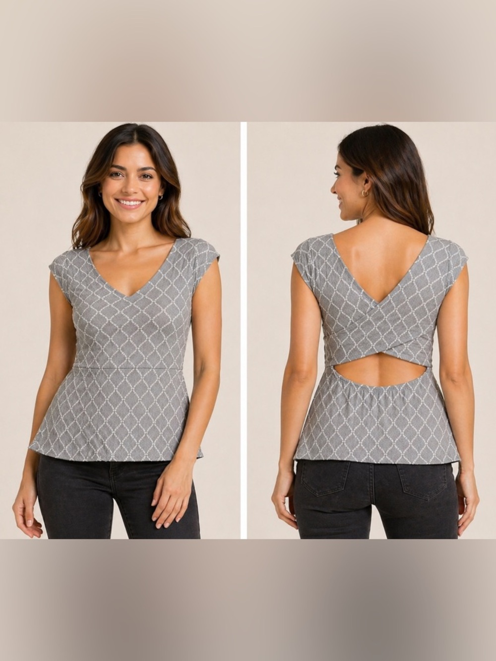 Anthropologie‎ Deletta Sleveless Top Size L Gray White Geometric Open Back